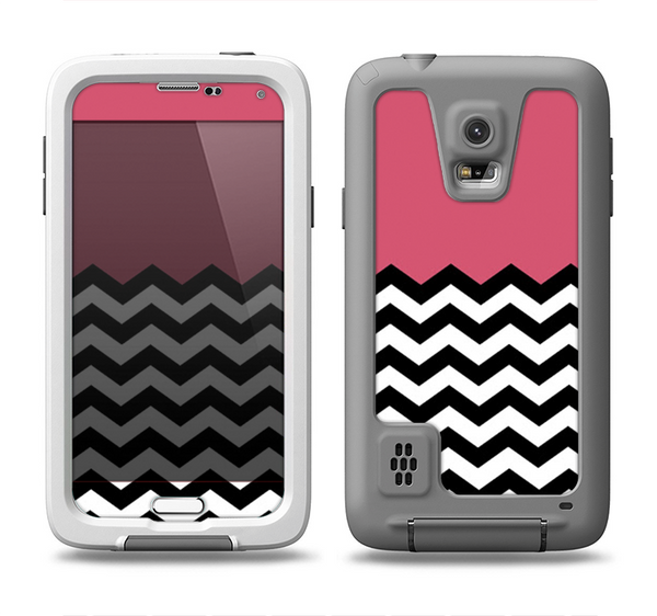 The Solid Pink with Black & White Chevron Pattern Samsung Galaxy S5 LifeProof Fre Case Skin Set