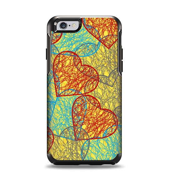 The Squiggly Red & Blue Hearts Over Yellow Apple iPhone 6 Otterbox Symmetry Case Skin Set