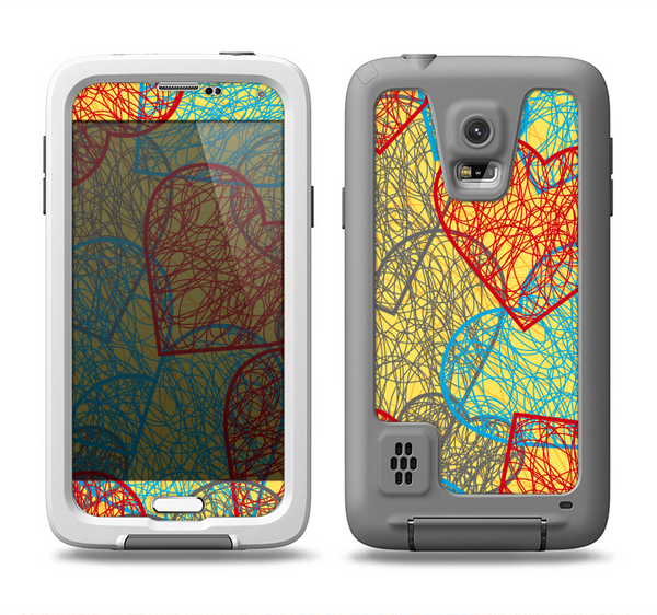 The Squiggly Red & Blue Hearts Over Yellow Samsung Galaxy S5 LifeProof Fre Case Skin Set