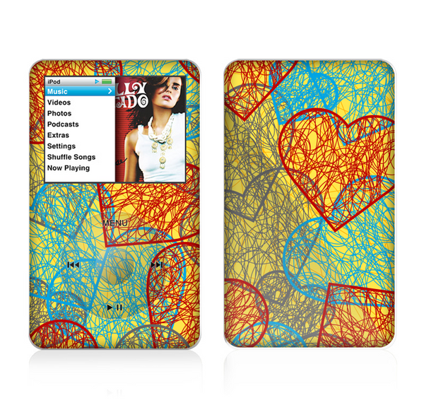 The Squiggly Red & Blue Hearts Over Yellow Skin For The Apple iPod Classic