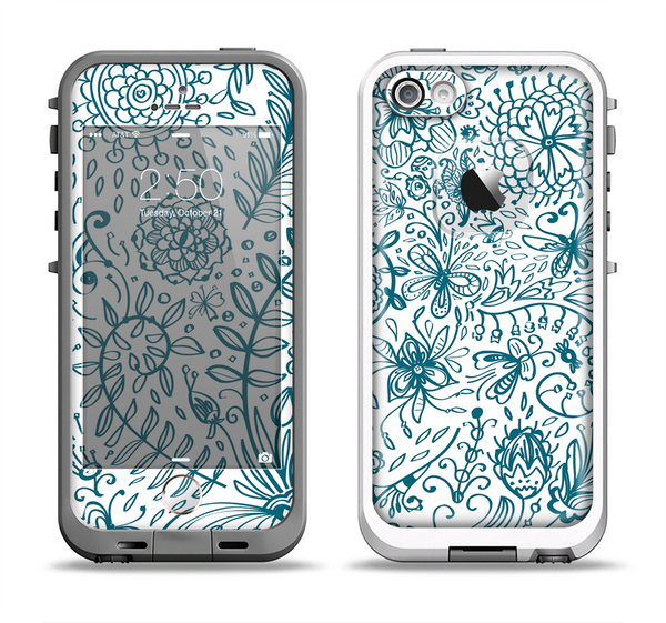 The Subtle Blue Sketched Lace Pattern V21 Apple iPhone 5-5s LifeProof Fre Case Skin Set