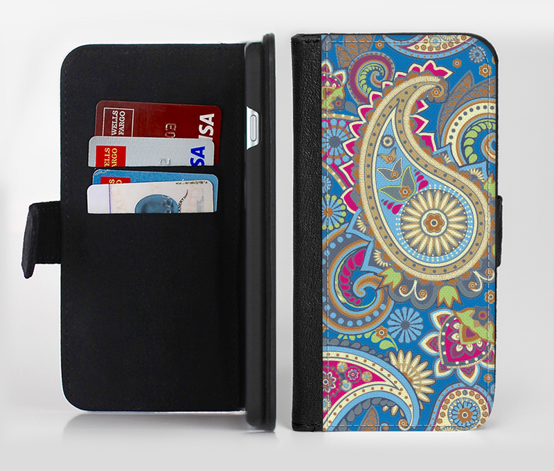 The Subtle Blue & Yellow Paisley Pattern Ink-Fuzed Leather Folding Wallet Credit-Card Case for the Apple iPhone 6/6s, 6/6s Plus, 5/5s and 5c