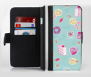 The Subtle Blue with Pink Treats Ink-Fuzed Leather Folding Wallet Credit-Card Case for the Apple iPhone 6/6s, 6/6s Plus, 5/5s and 5c