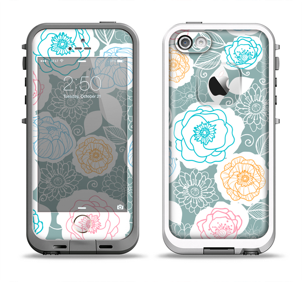 The Subtle Gray & White Floral Illustration Apple iPhone 5-5s LifeProof Fre Case Skin Set