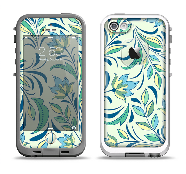 The Subtle Green Floral Vector Pattern Apple iPhone 5-5s LifeProof Fre Case Skin Set