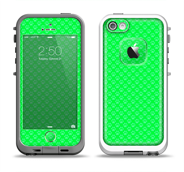 The Subtle Green Paw Prints Apple iPhone 5-5s LifeProof Fre Case Skin Set
