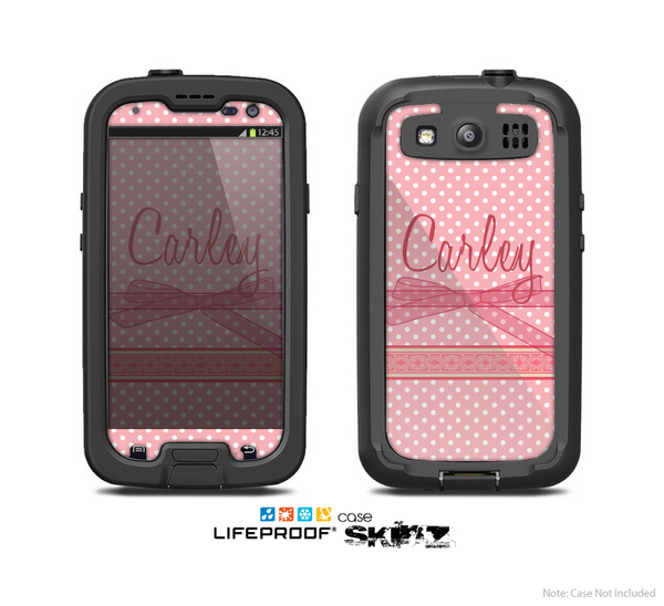 The Subtle Pink Polka Dot with Name & Ribbon Skin For The Samsung Galaxy S3 LifeProof Case