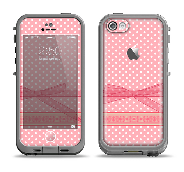 The Subtle Pink Polka Dot with Ribbon Apple iPhone 5c LifeProof Fre Case Skin Set