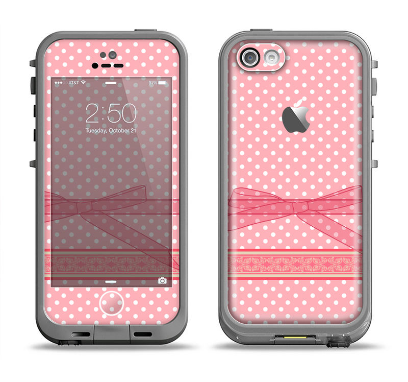 The Subtle Pink Polka Dot with Ribbon Apple iPhone 5c LifeProof Fre Case Skin Set