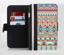 The Tan & Teal Aztec Pattern V4 Ink-Fuzed Leather Folding Wallet Credit-Card Case for the Apple iPhone 6/6s, 6/6s Plus, 5/5s and 5c