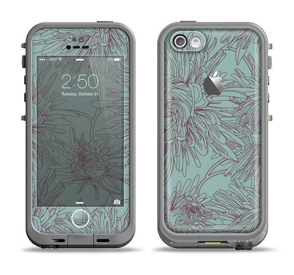 The Teal Aster Flower Lined Apple iPhone 5c LifeProof Fre Case Skin Set