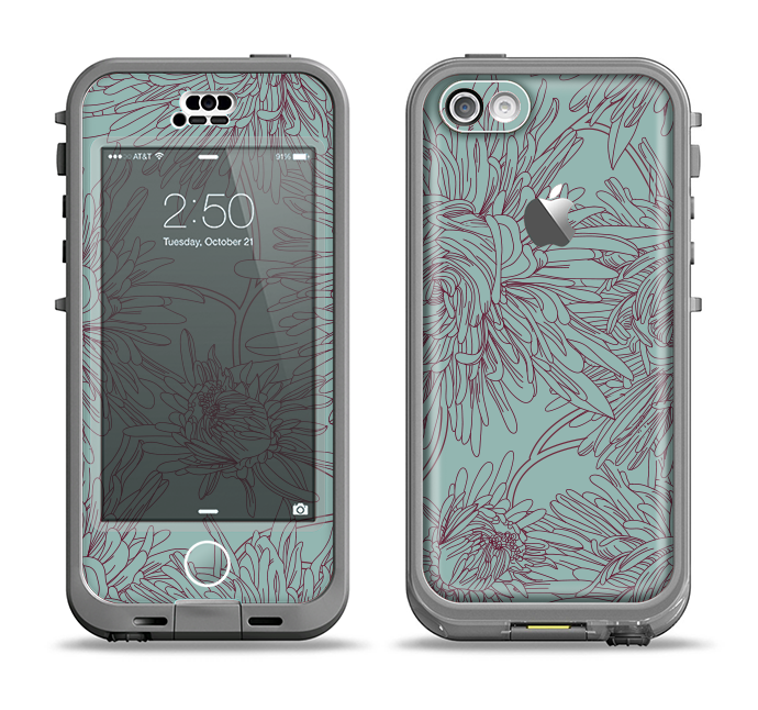The Teal Aster Flower Lined Apple iPhone 5c LifeProof Nuud Case Skin Set