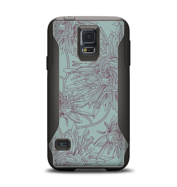 The Teal Aster Flower Lined Samsung Galaxy S5 Otterbox Commuter Case Skin Set