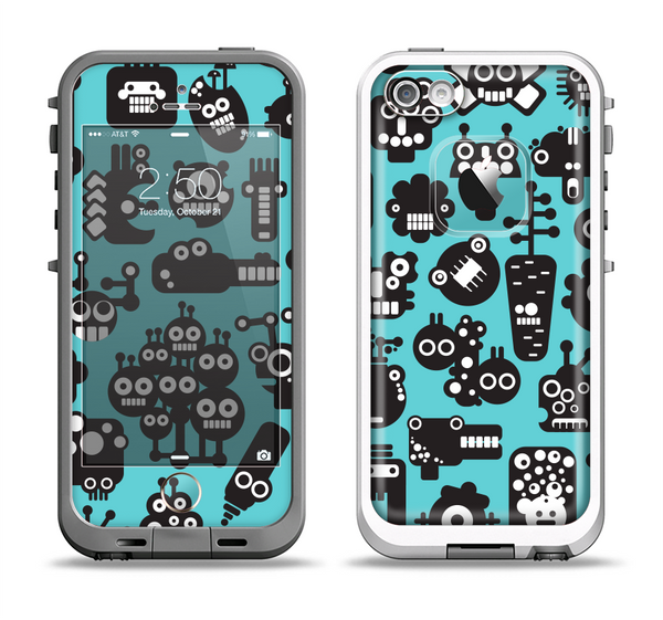The Teal & Black Toon Robots Apple iPhone 5-5s LifeProof Fre Case Skin Set