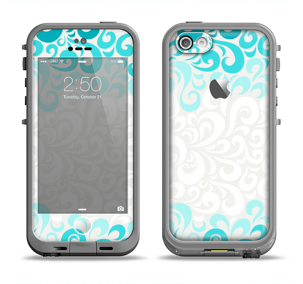 The Teal Blue & White Swirl Pattern Apple iPhone 5c LifeProof Fre Case Skin Set
