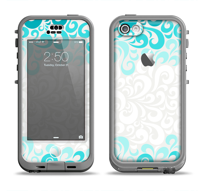 The Teal Blue & White Swirl Pattern Apple iPhone 5c LifeProof Nuud Case Skin Set
