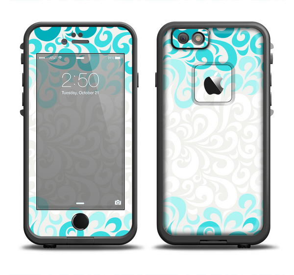 The Teal Blue & White Swirl Pattern Apple iPhone 6 LifeProof Fre Case Skin Set