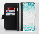 The Teal Blue & White Swirl Pattern Ink-Fuzed Leather Folding Wallet Credit-Card Case for the Apple iPhone 6/6s, 6/6s Plus, 5/5s and 5c