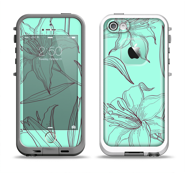 The Teal & Brown Thin Flower Pattern Apple iPhone 5-5s LifeProof Fre Case Skin Set