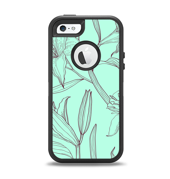 The Teal & Brown Thin Flower Pattern Apple iPhone 5-5s Otterbox Defender Case Skin Set