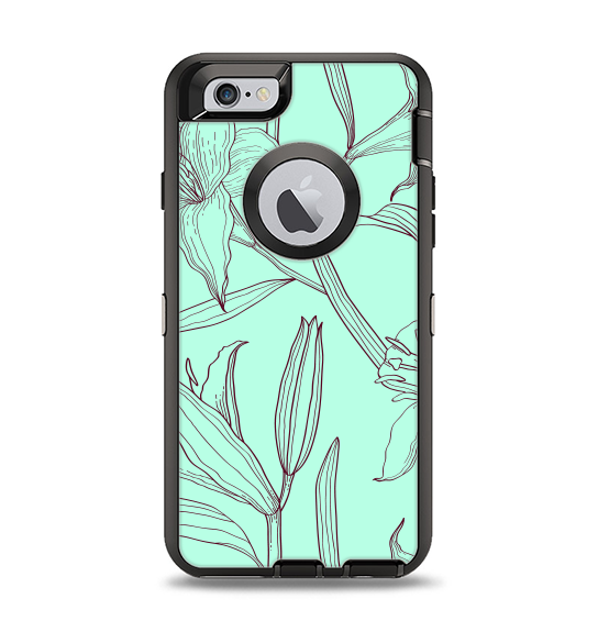 The Teal & Brown Thin Flower Pattern Apple iPhone 6 Otterbox Defender Case Skin Set