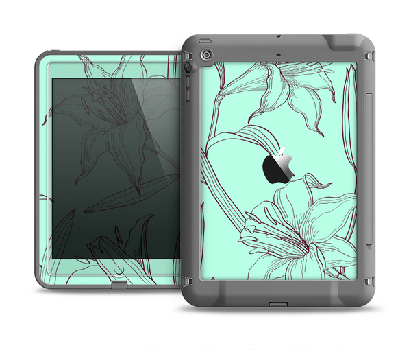 The Teal & Brown Thin Flower Pattern Apple iPad Air LifeProof Fre Case Skin Set