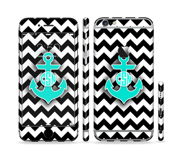 The Teal Green Monogram Anchor on Black & White Chevron Sectioned Skin Series for the Apple iPhone 6s