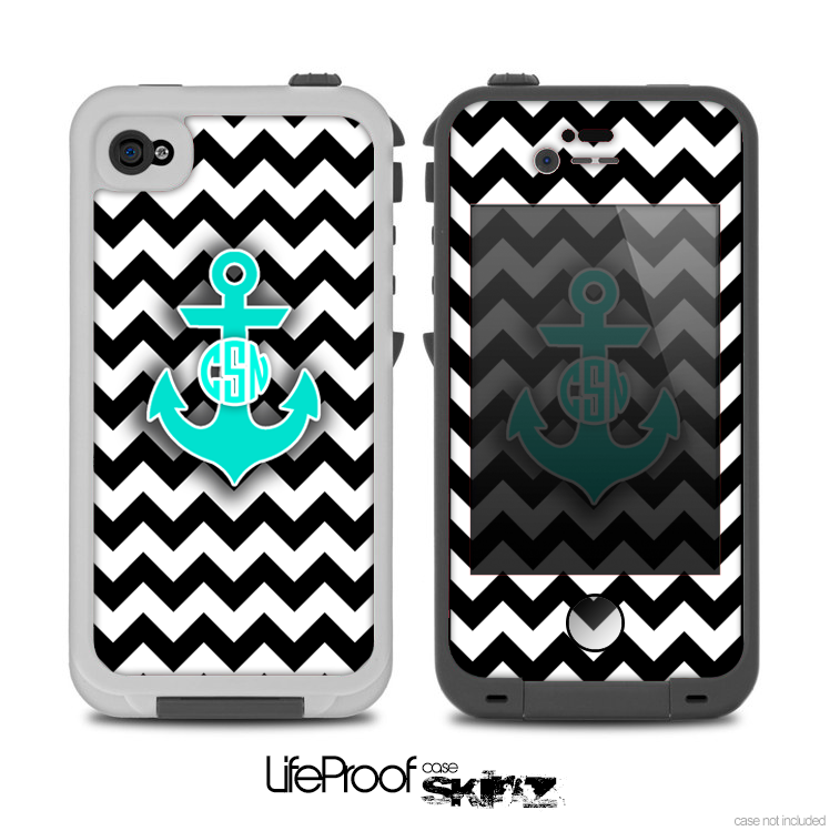 The Teal Green Monogram Anchor on Black & White Chevron Skin for the iPhone 4-4s LifeProof Case