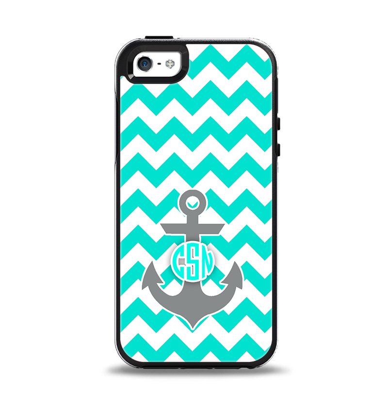 The Teal Green and Gray Monogram Anchor on Teal Chevron Apple iPhone 5-5s Otterbox Symmetry Case Skin Set