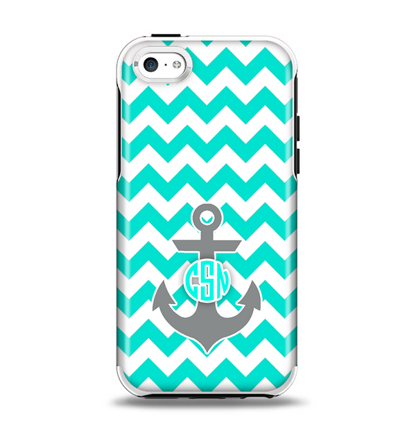 The Teal Green and Gray Monogram Anchor on Teal Chevron Apple iPhone 5c Otterbox Symmetry Case Skin Set