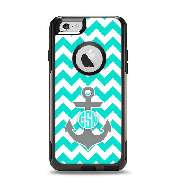 The Teal Green and Gray Monogram Anchor on Teal Chevron Apple iPhone 6 Otterbox Commuter Case Skin Set
