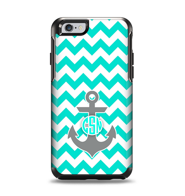 The Teal Green and Gray Monogram Anchor on Teal Chevron Apple iPhone 6 Otterbox Symmetry Case Skin Set