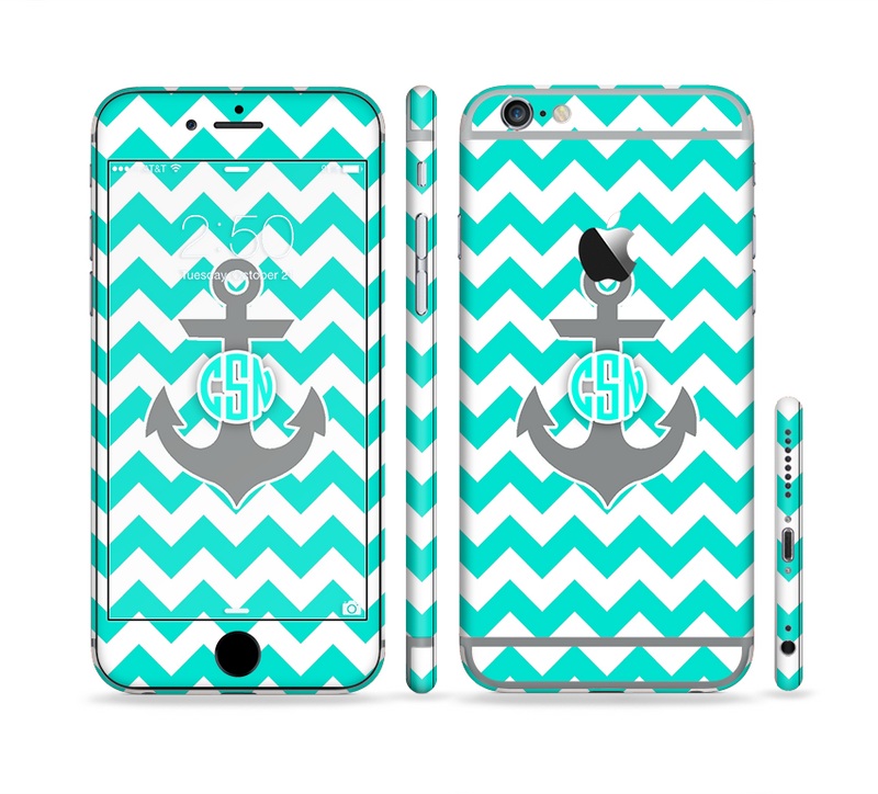 The Teal Green and Gray Monogram Anchor on Teal Chevron Sectioned Skin Series for the Apple iPhone 6