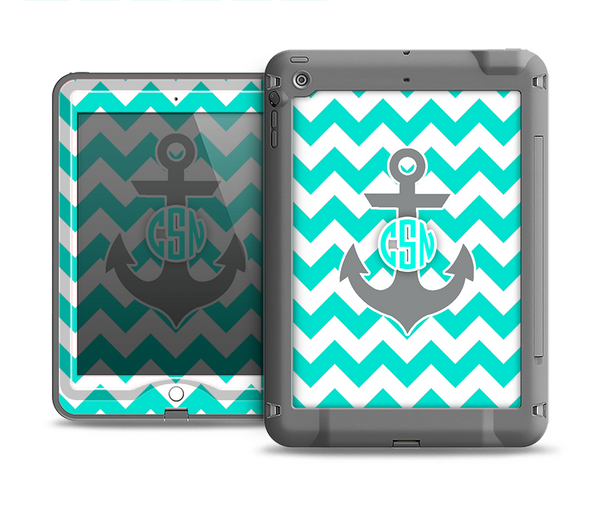 The Teal Green and Gray Monogram Anchor on Teal Chevron Apple iPad Air LifeProof Fre Case Skin Set