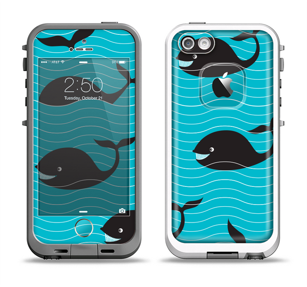 The Teal Smiling Black Whale Pattern Apple iPhone 5-5s LifeProof Fre Case Skin Set
