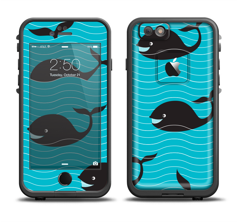 The Teal Smiling Black Whale Pattern Apple iPhone 6/6s Plus LifeProof Fre Case Skin Set