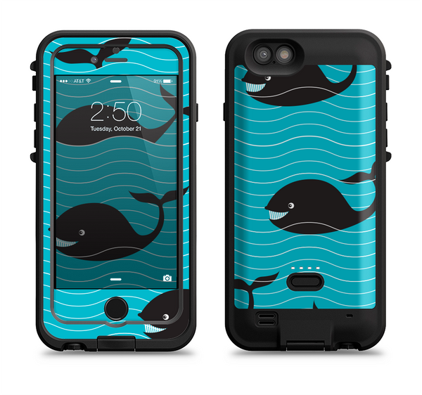 The Teal Smiling Black Whale Pattern Apple iPhone 6/6s LifeProof Fre POWER Case Skin Set