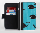 The Teal Smiling Black Whale Pattern Ink-Fuzed Leather Folding Wallet Credit-Card Case for the Apple iPhone 6/6s, 6/6s Plus, 5/5s and 5c