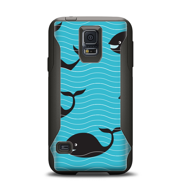 The Teal Smiling Black Whale Pattern Samsung Galaxy S5 Otterbox Commuter Case Skin Set