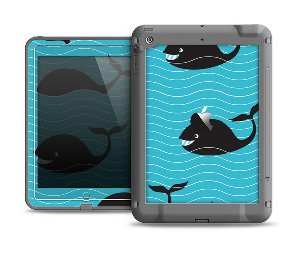 The Teal Smiling Black Whale Pattern Apple iPad Mini LifeProof Fre Case Skin Set