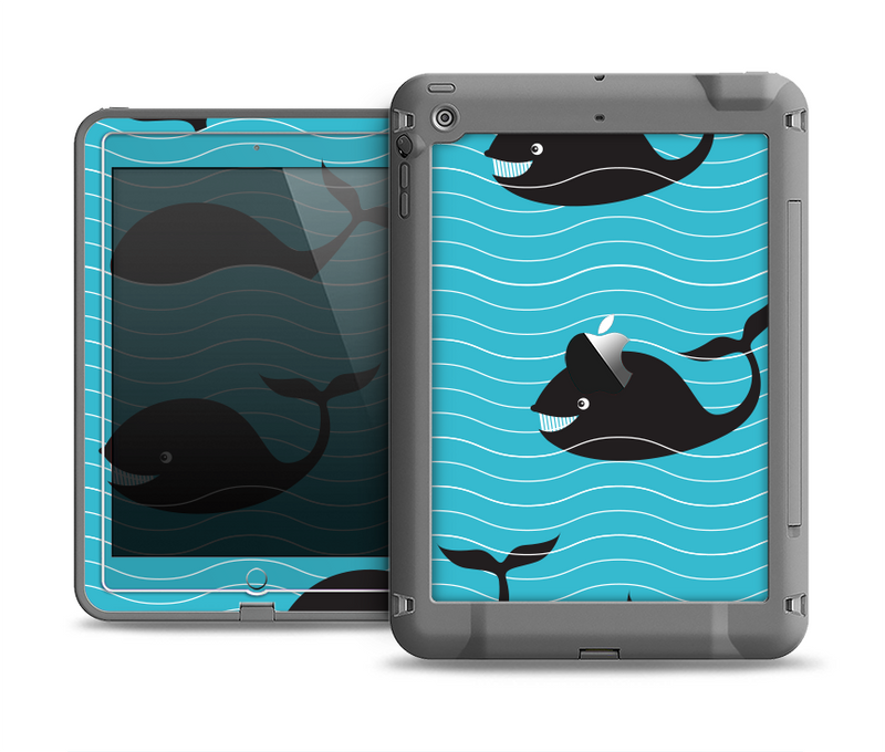 The Teal Smiling Black Whale Pattern Apple iPad Mini LifeProof Fre Case Skin Set