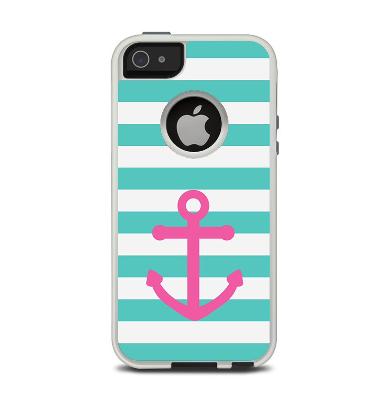 The Teal Striped Pink Anchor Apple iPhone 5-5s Otterbox Commuter Case Skin Set