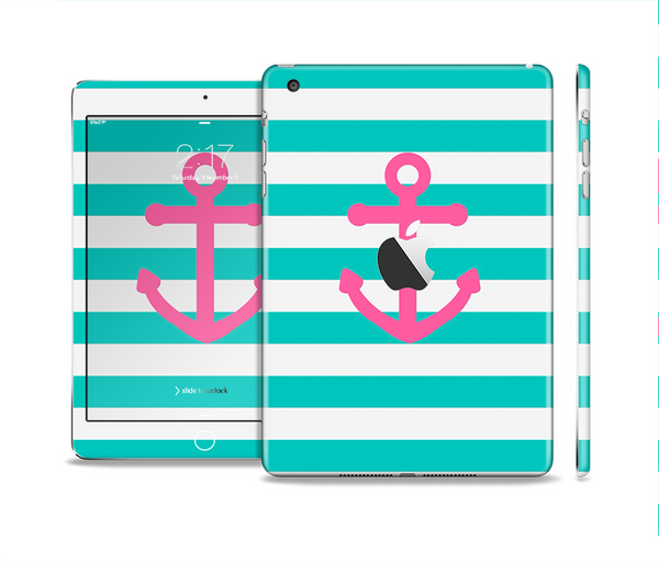 The Teal Striped Pink Anchor Skin Set for the Apple iPad Mini 4