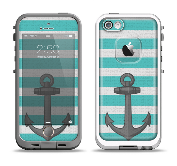 The Teal Stripes with Gray Nautical Anchor Apple iPhone 5-5s LifeProof Fre Case Skin Set