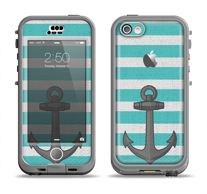 The Teal Stripes with Gray Nautical Anchor Apple iPhone 5c LifeProof Nuud Case Skin Set