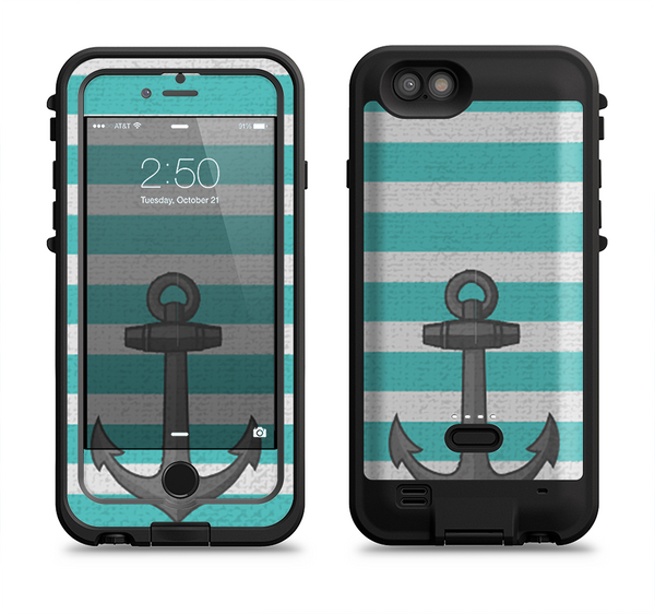 The Teal Stripes with Gray Nautical Anchor Apple iPhone 6/6s LifeProof Fre POWER Case Skin Set