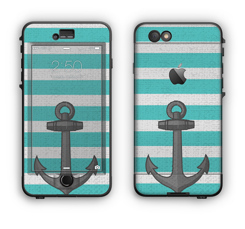 The Teal Stripes with Gray Nautical Anchor Apple iPhone 6 LifeProof Nuud Case Skin Set
