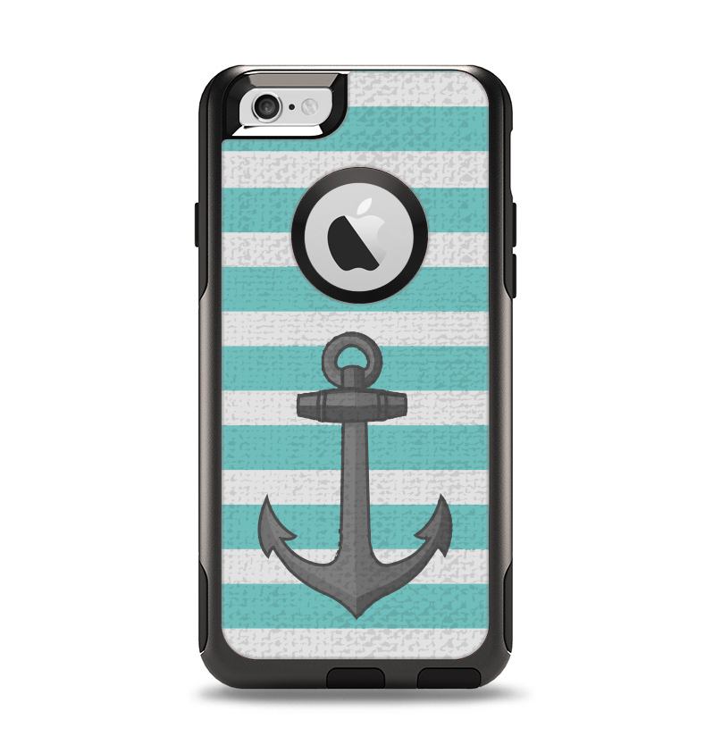 The Teal Stripes with Gray Nautical Anchor Apple iPhone 6 Otterbox Commuter Case Skin Set