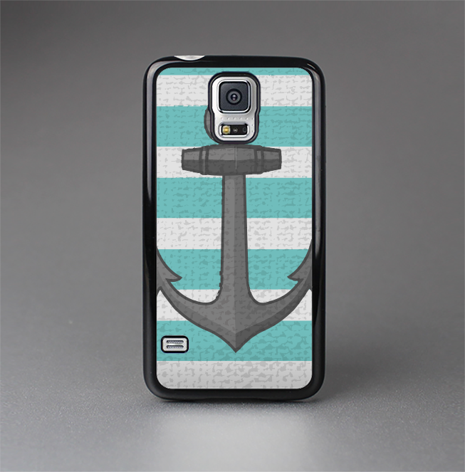 The Teal Stripes with Gray Nautical Anchor Skin-Sert Case for the Samsung Galaxy S5
