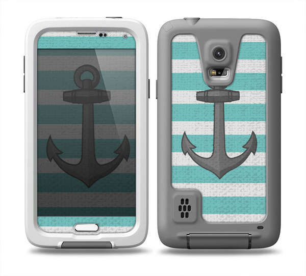 The Teal Stripes with Gray Nautical Anchor Skin for the Samsung Galaxy S5 frē LifeProof Case